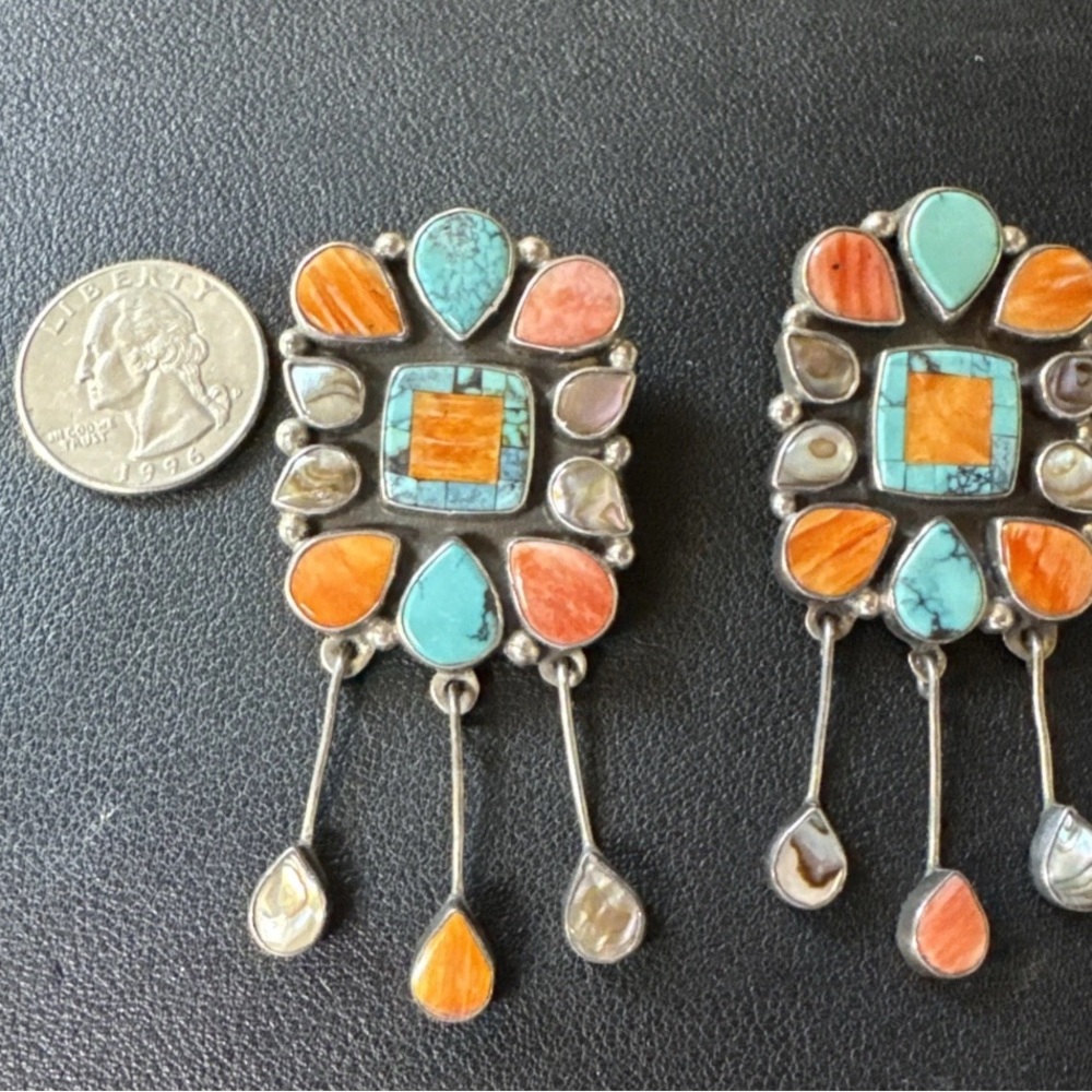HUGE MAGNIFICENT VTG OSCAR BETZ NAVAJO STERLING MULTI STONE EARRINGS - Picture 7 of 7